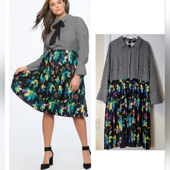 Eloquii Houndstooth With Multicolored Floral Print Pleated Dress Size 18 - Picture 1 of 16